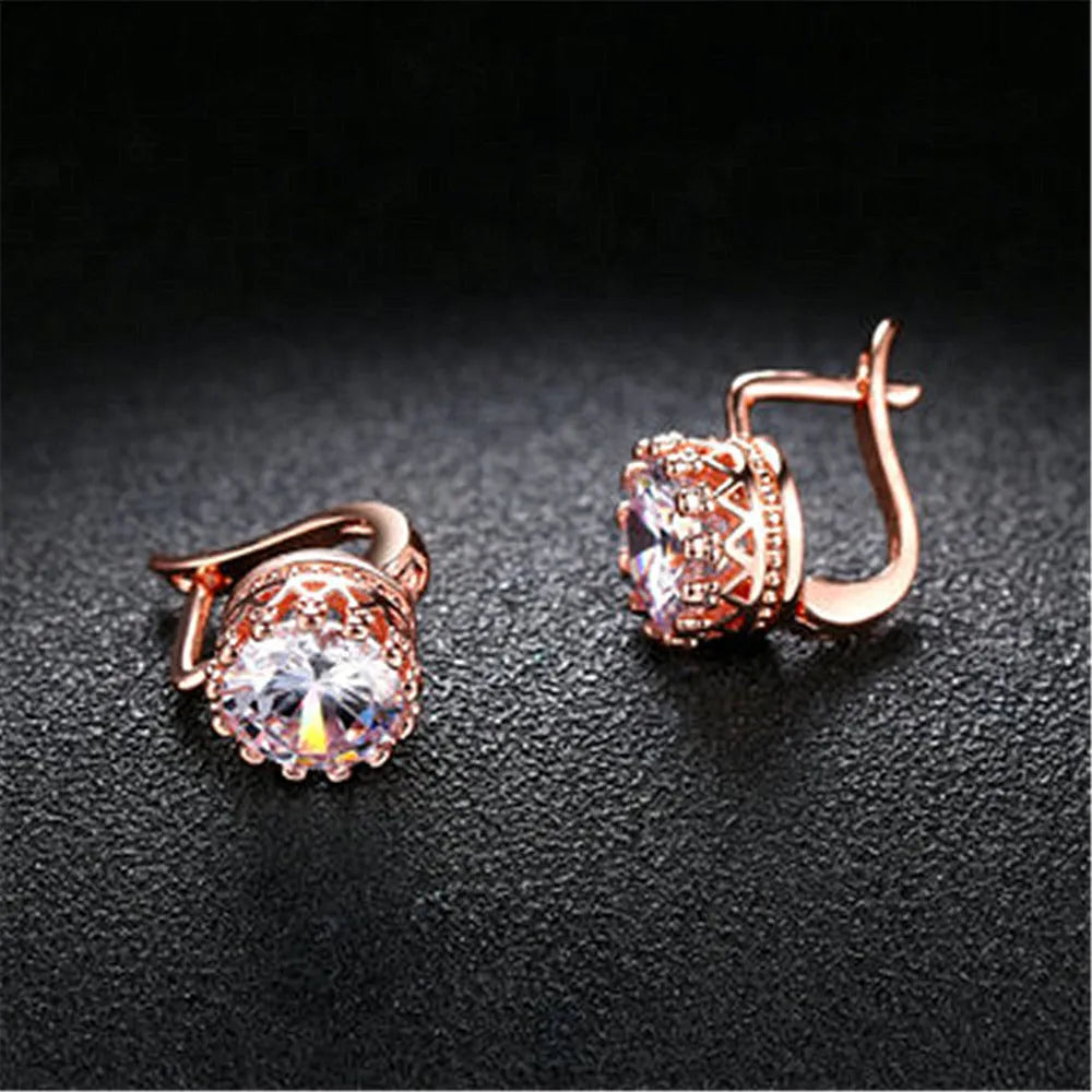 Korean retro crown ear clip earrings with white diamond details in rose gold and white gold colour options