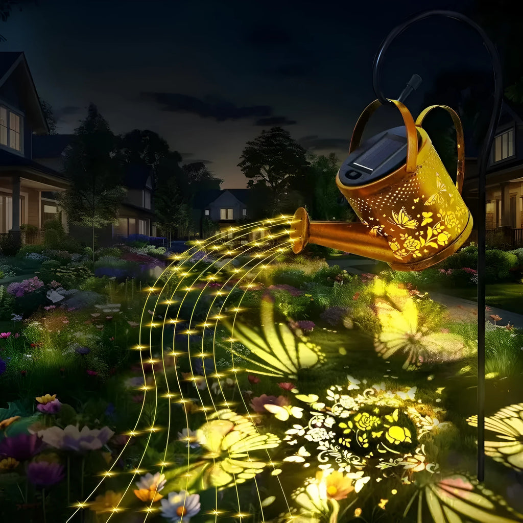 Solar-powered butterfly kettle garden light with wrought iron construction and solar panel