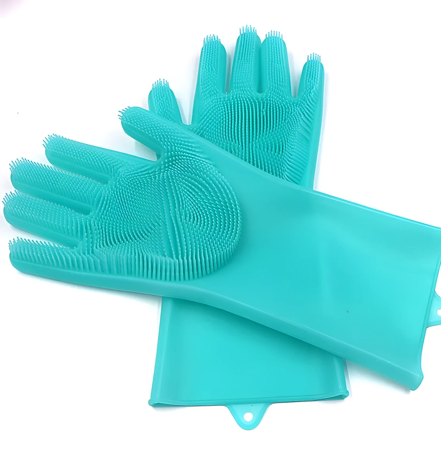 Blue silicone scrubbing gloves showing textured palm and finger surfaces for cleaning