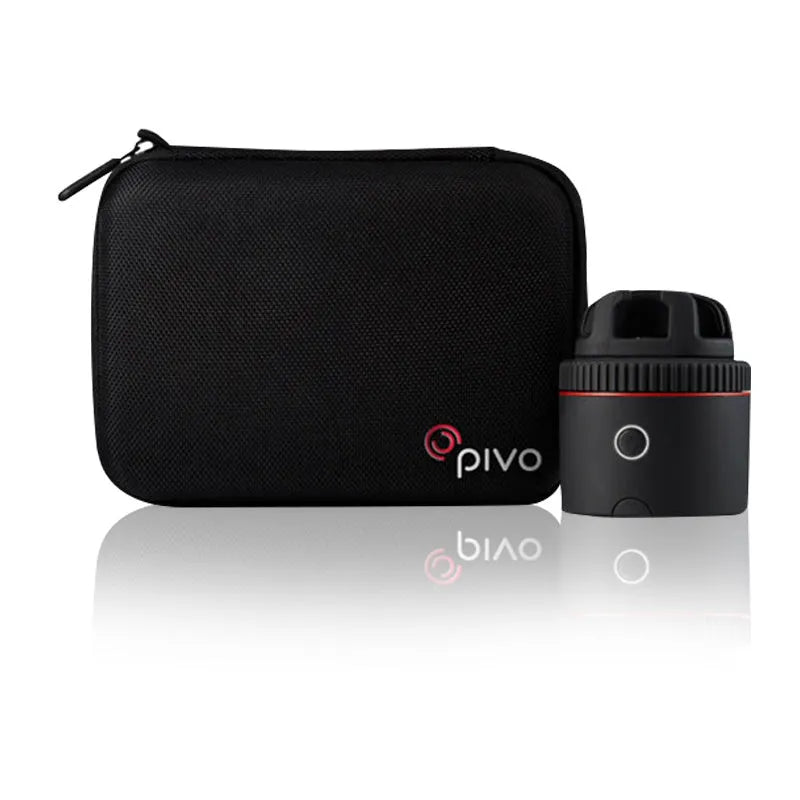 Black PIVO facial tracking camera for smartphones on a table, showing its matte finish.