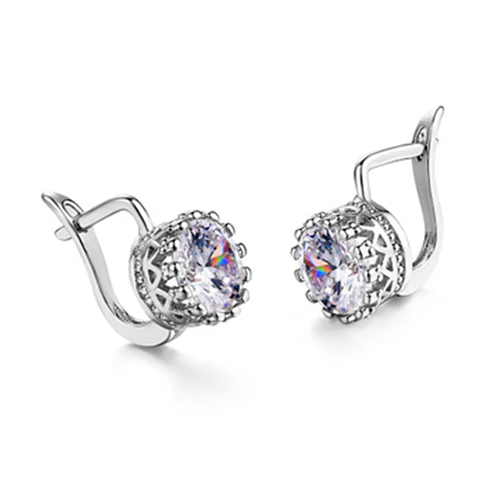 Korean retro crown ear clip earrings with white diamond details in rose gold and white gold colour options