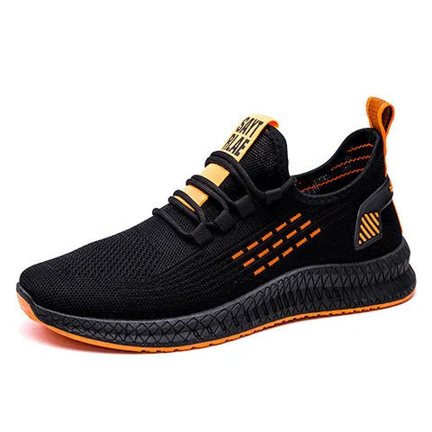Men's black flying weave sports shoes with cross strap design and round toe