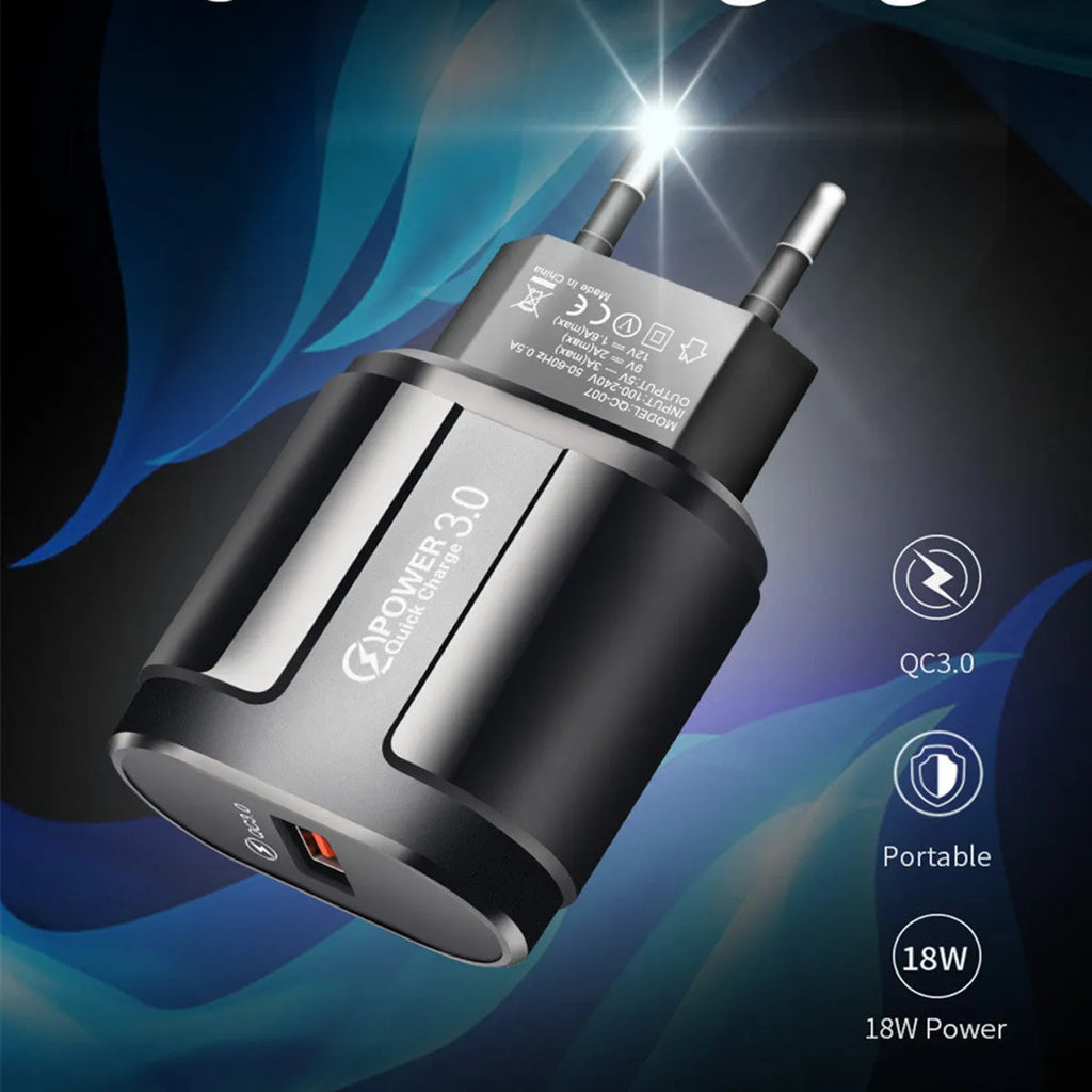 White and black international smartphone charger with UK, US and EU plug options