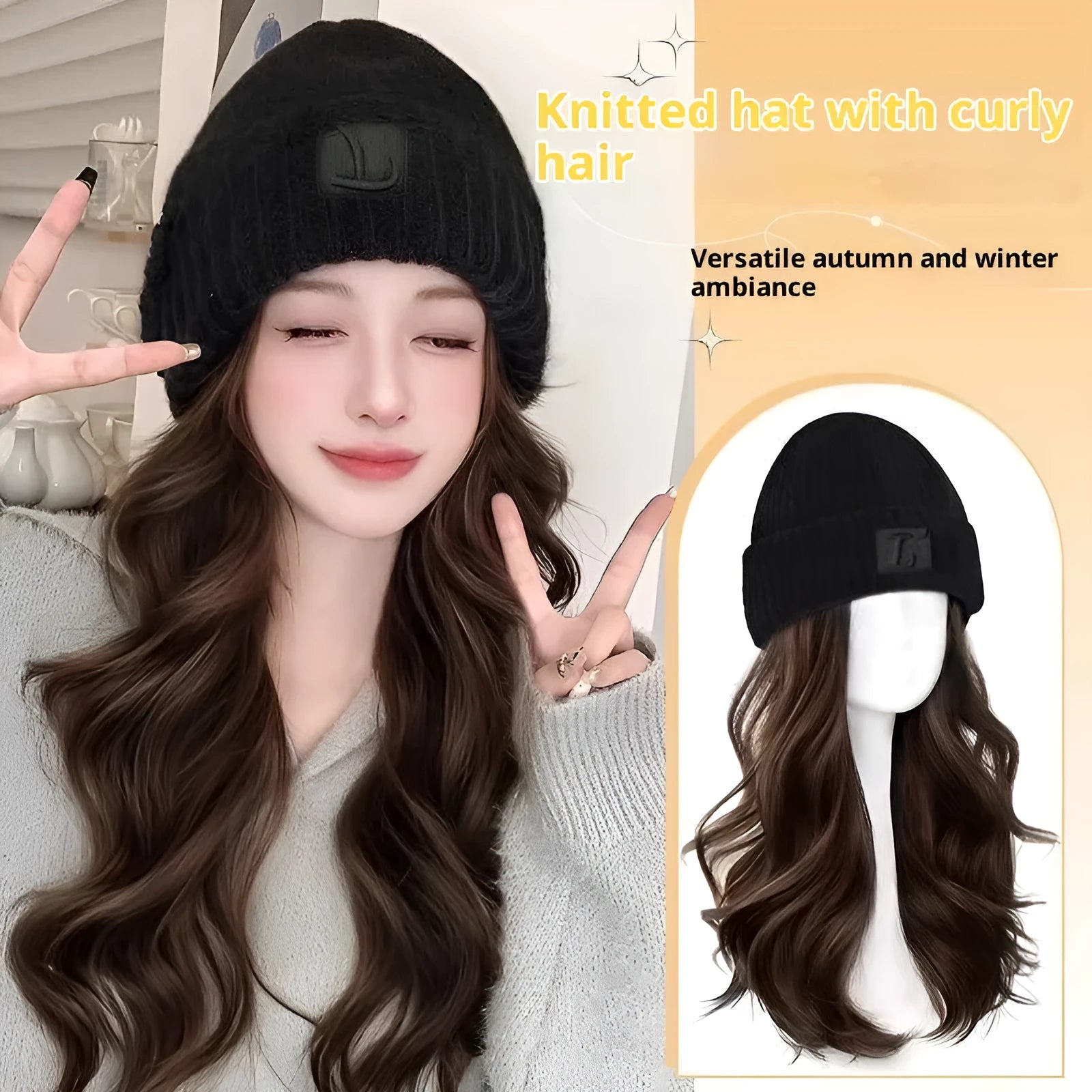 Hat women's big head small integrated fashion big wave full-head wig in protein filament cold brown colour