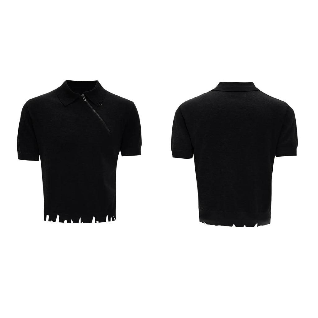 Men's slim-fit black knitted polo shirt with an oblique diagonal zipper and lapel collar.