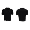 Men's slim-fit black knitted polo shirt with an oblique diagonal zipper and lapel collar.