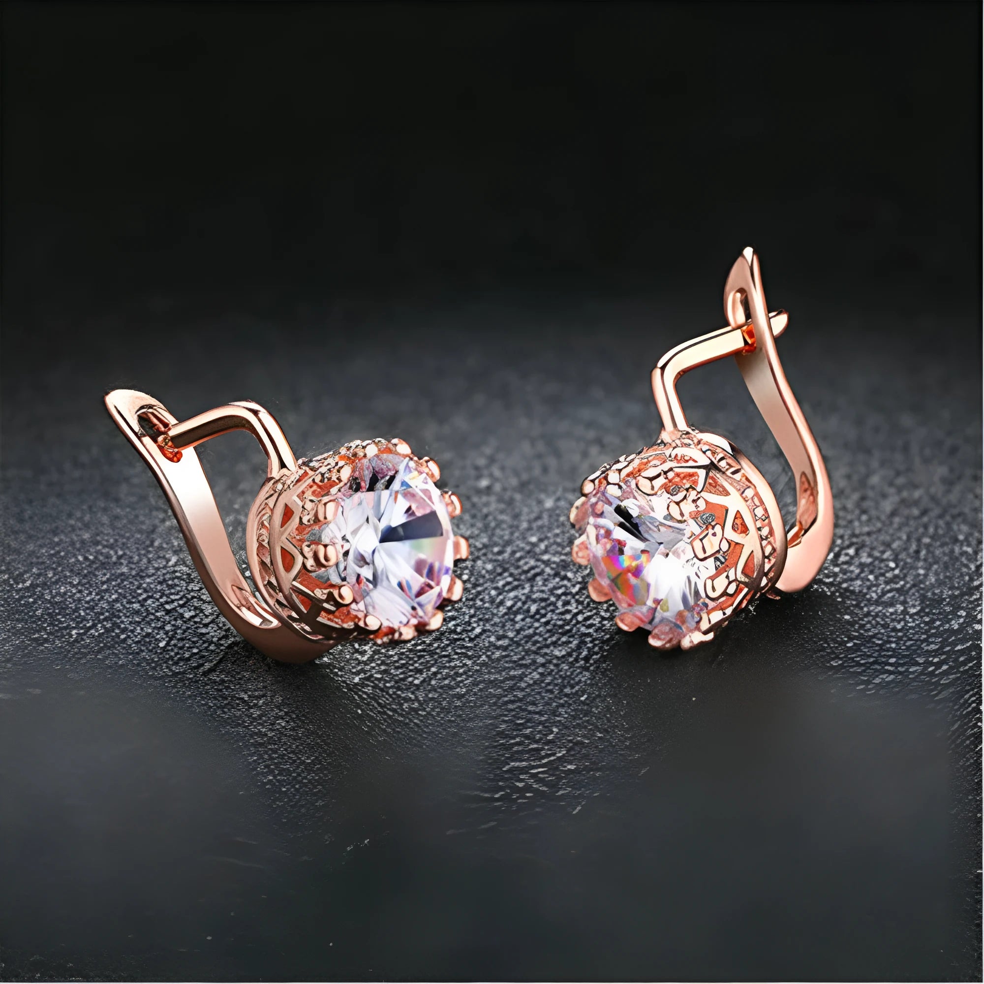 Korean retro crown ear clip earrings with white diamond details in rose gold and white gold colour options
