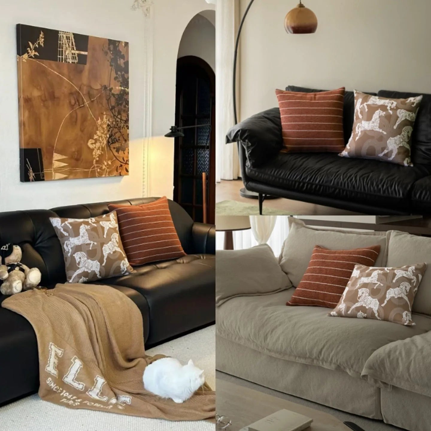 Chinese style square pillow cushion in Maillard colour on a sofa