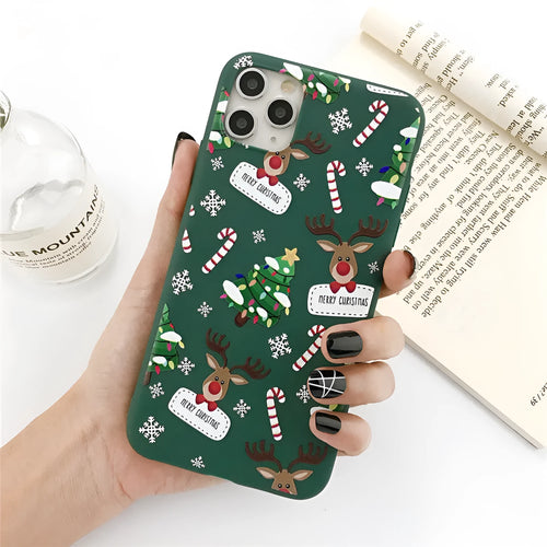 Green Christmas elk cartoon design phone case for iPhone with striped pattern