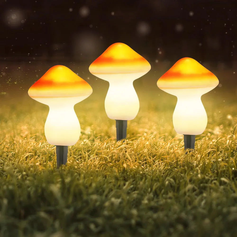Solar courtyard landscape light set with red multicolour mushroom lamp, black plastic, IP44, LED, solar panel with cord