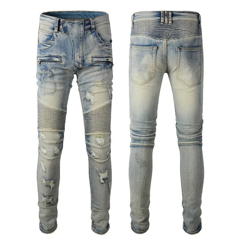 Light blue men's slim fit jeans with hand-frayed distressed details and a straight leg opening.