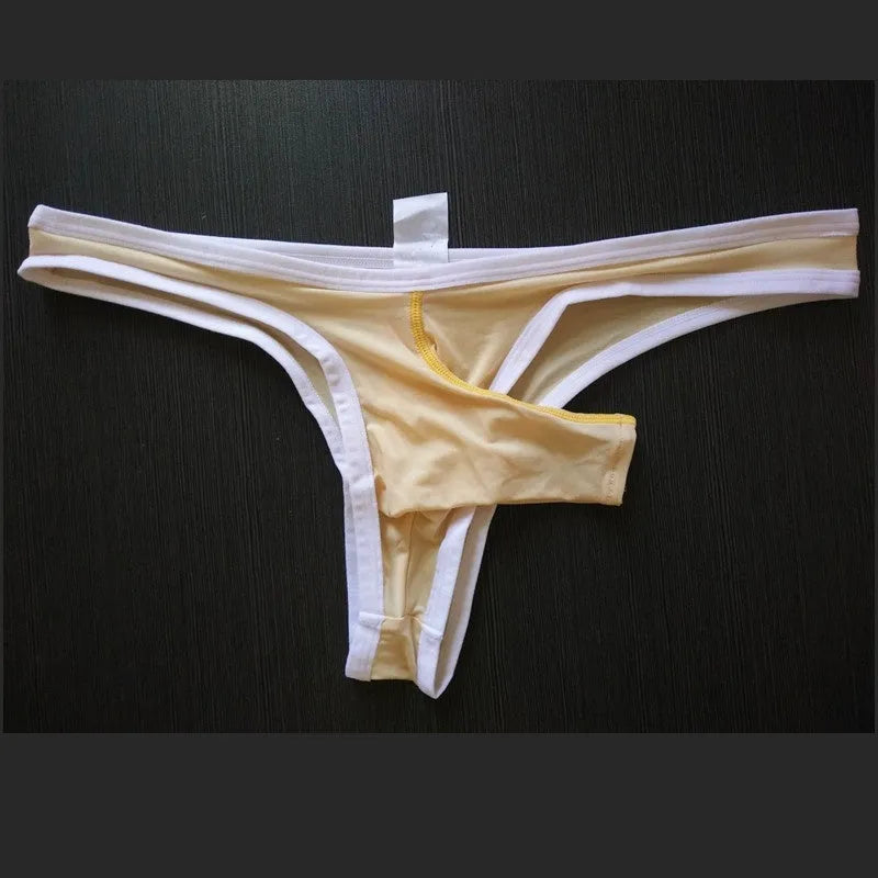 Men's Ice Silk nylon underwear briefs in elephant nose style on a colour selection background.