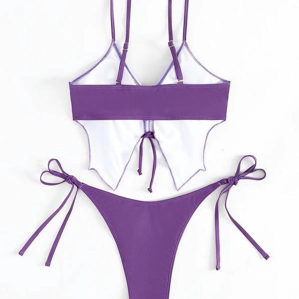 Women's sleeveless split bikini set with bow detail in multiple colour options