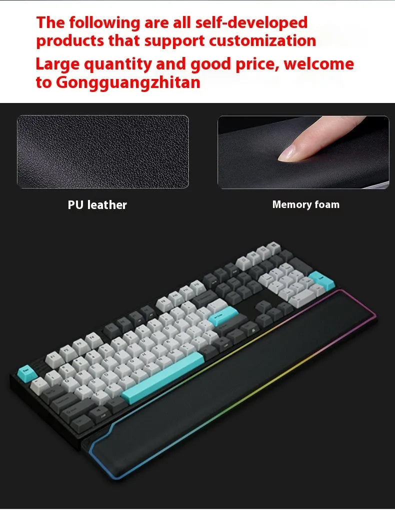 Black cowhide keyboard wrist rest with non-slip base and waterproof coating on desk