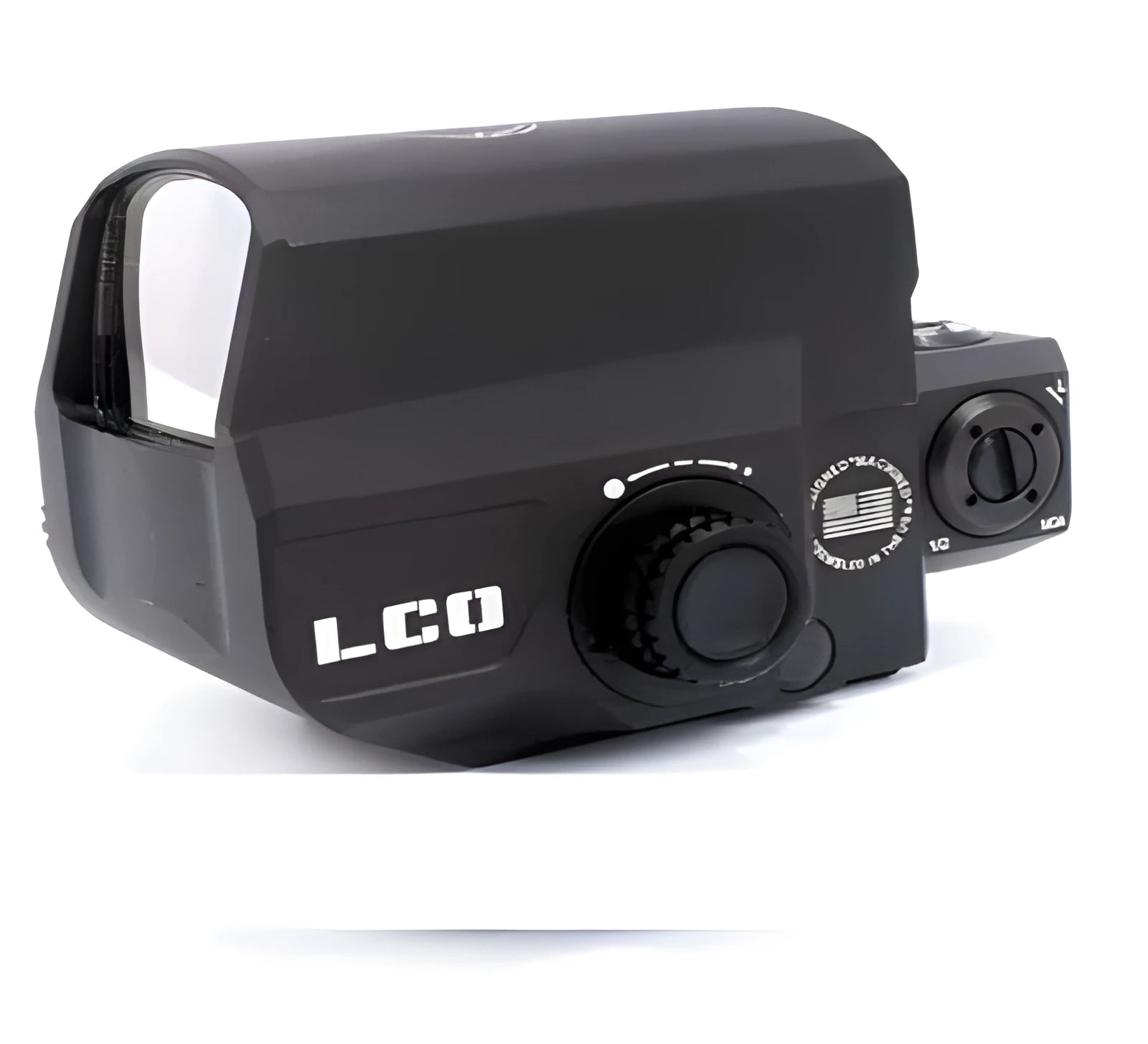 Black LCO tactical red dot sight with integrated 20mm rail mount for rifle scope.