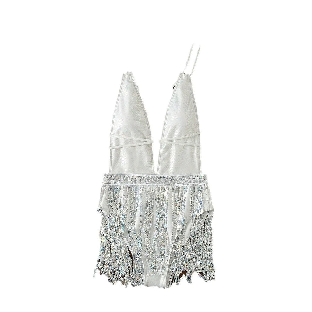 White women's deep V neck one-piece swimsuit with tassel dress attachment
