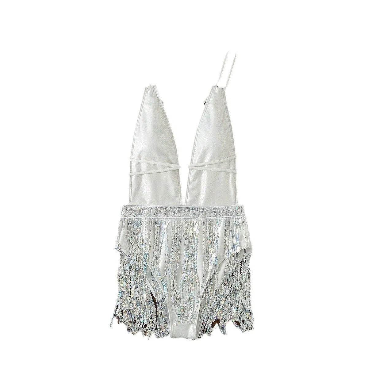 White women's deep V neck one-piece swimsuit with tassel dress attachment