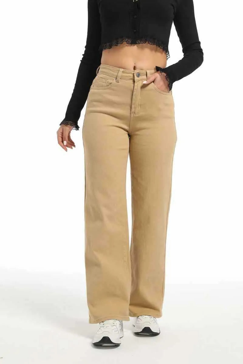 Women's high waist straight leg jeans in apricot and khaki colours