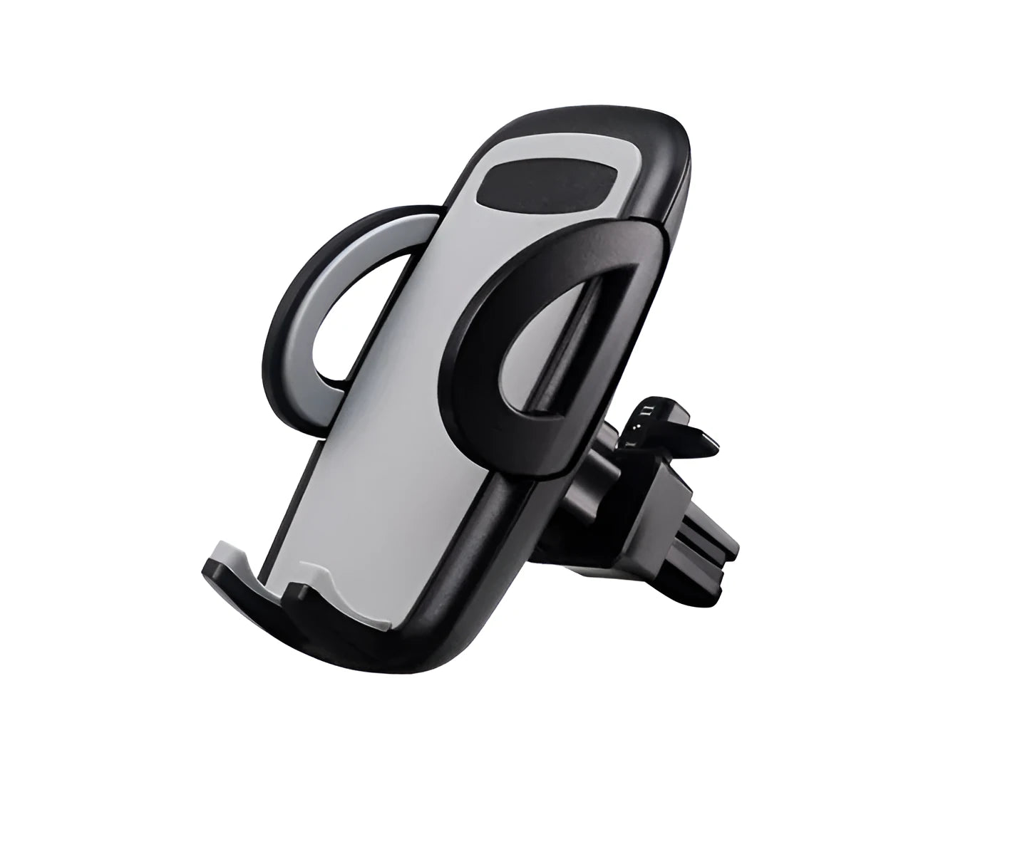 Black plastic car vent phone holder mounted on air conditioning outlet with smartphone