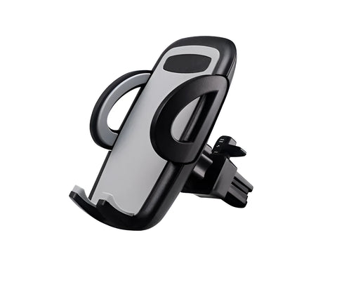 Black plastic car vent phone holder mounted on air conditioning outlet with smartphone