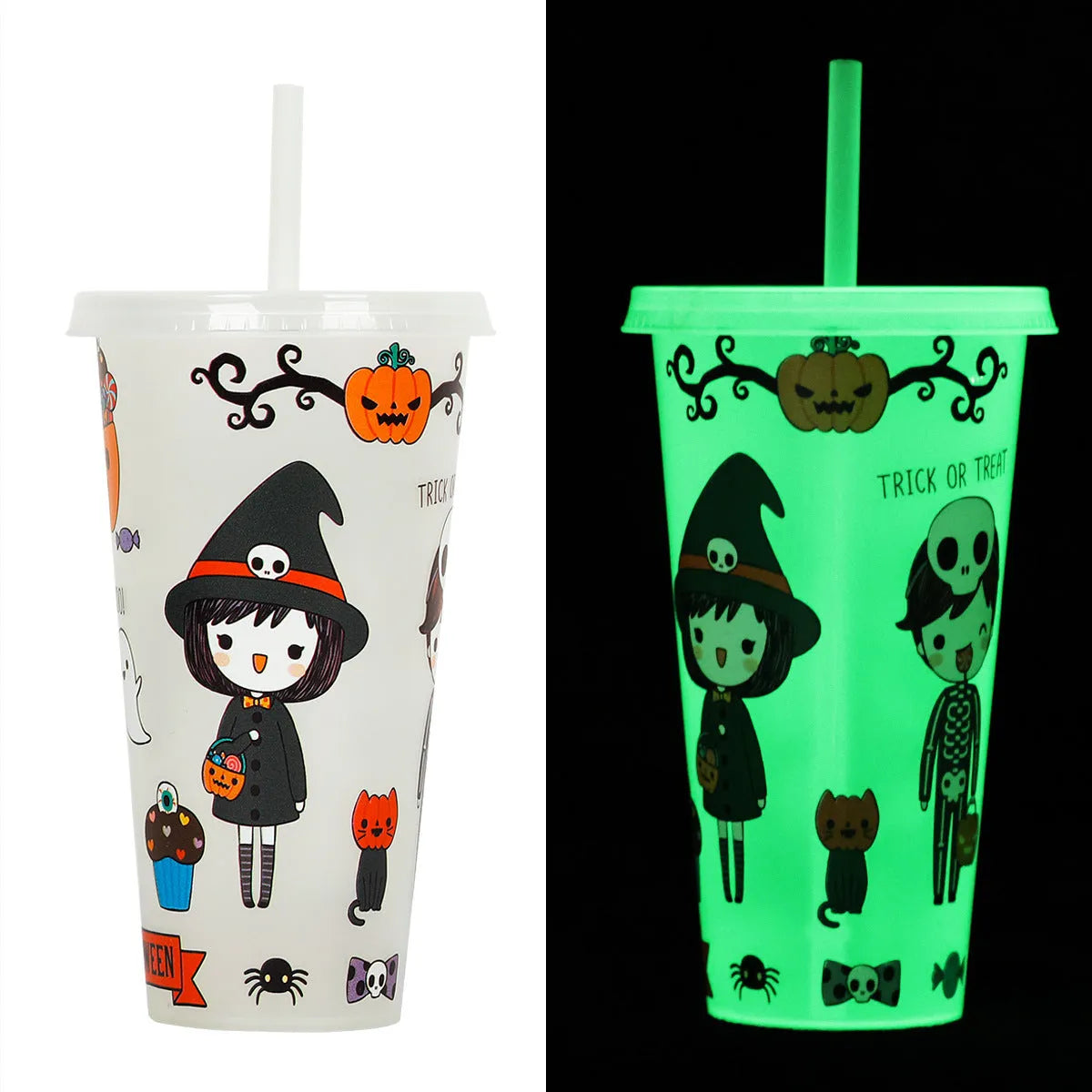720ml Halloween luminous straw cup with cylindrical plastic design and built-in drinking straw