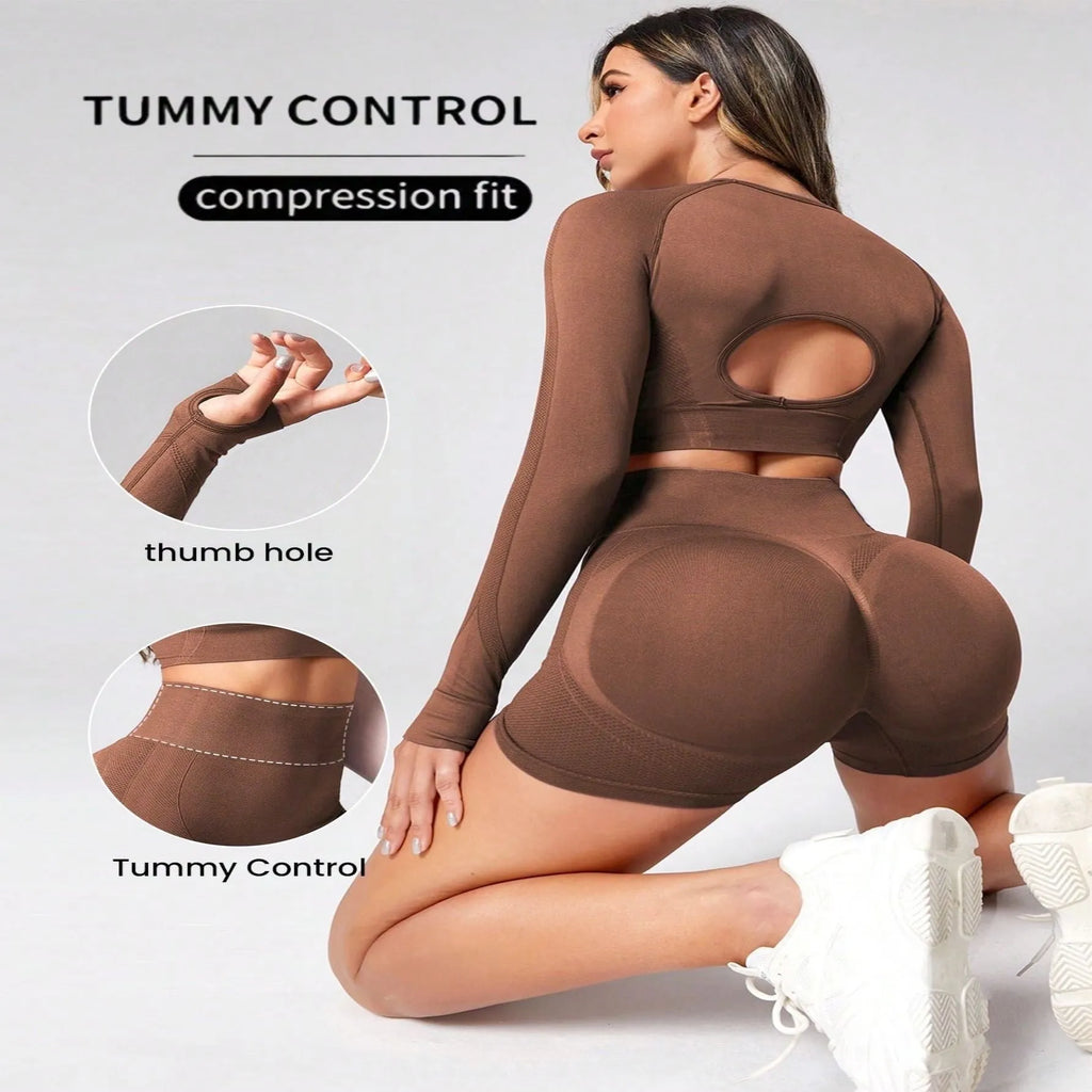 Women's black high waist yoga pants and long sleeve top set made from quick-dry fabric