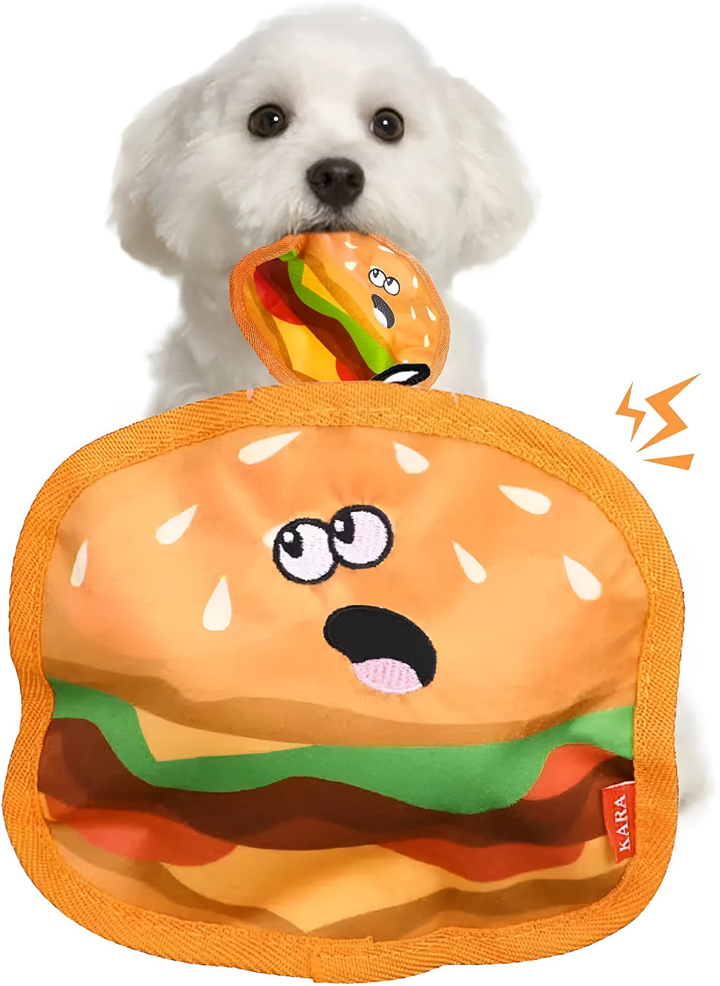 Crinkle and squeaky dog toys in hamburger, fries, hot dog and pizza designs without stuffing