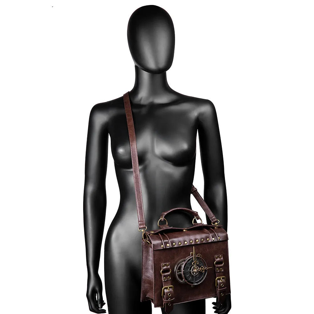Bronze steampunk industrial retro shoulder bag with metal hardware and pillow bag shape