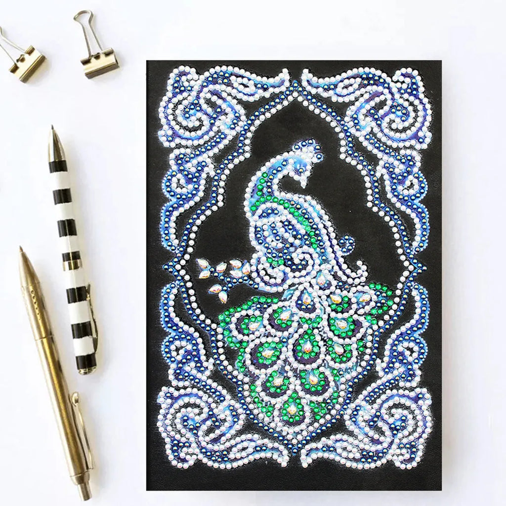 Black A5 diamond painting notebook with peacock design featuring shaped and bright drill rhinestones