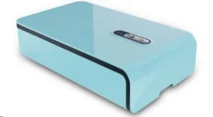 Blue UV phone steriliser box with touch control and open lid showing disinfection chamber.