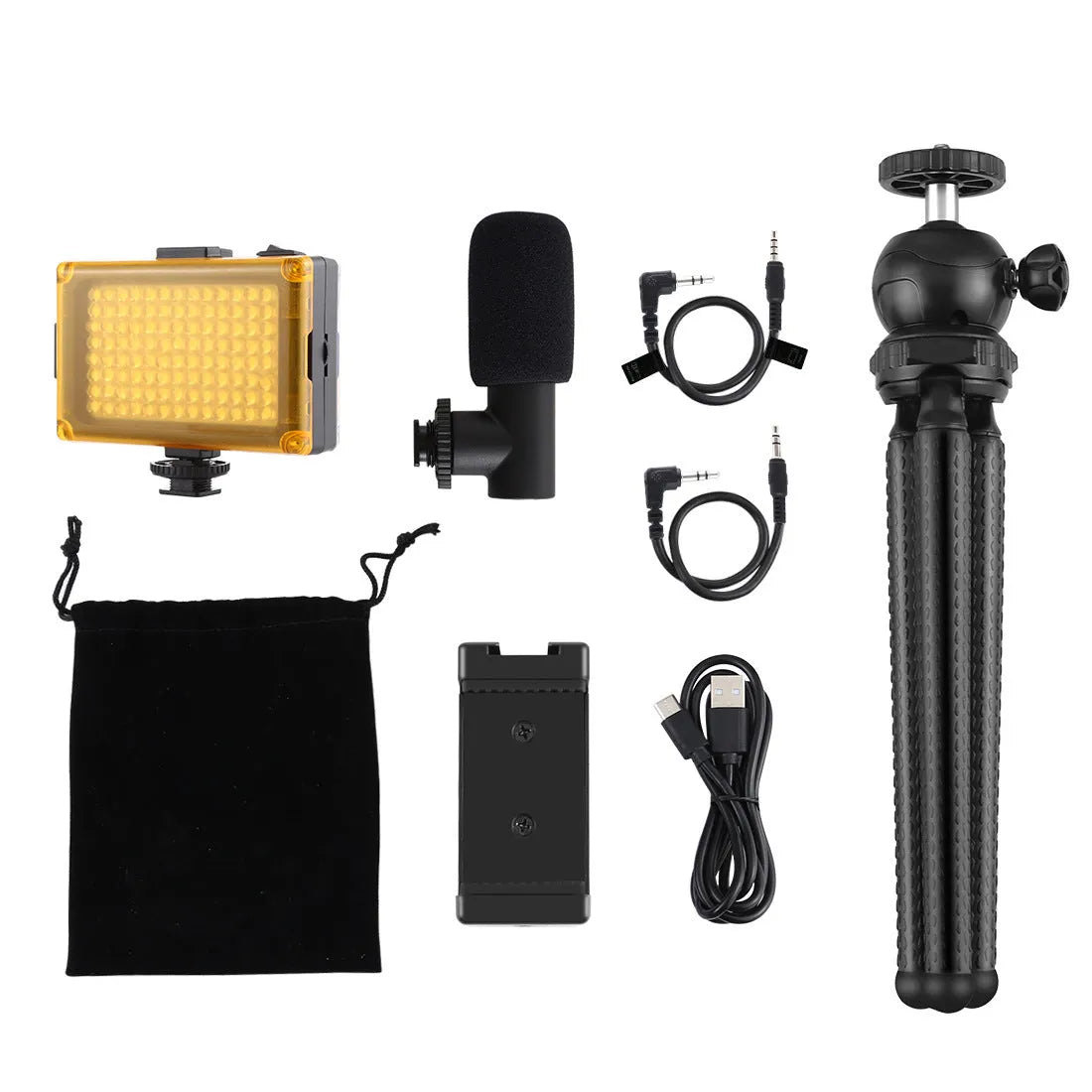 Black Octopus Yripod live broadcast kit with flexible legs, ballhead, and fill light microphone for iPhone.