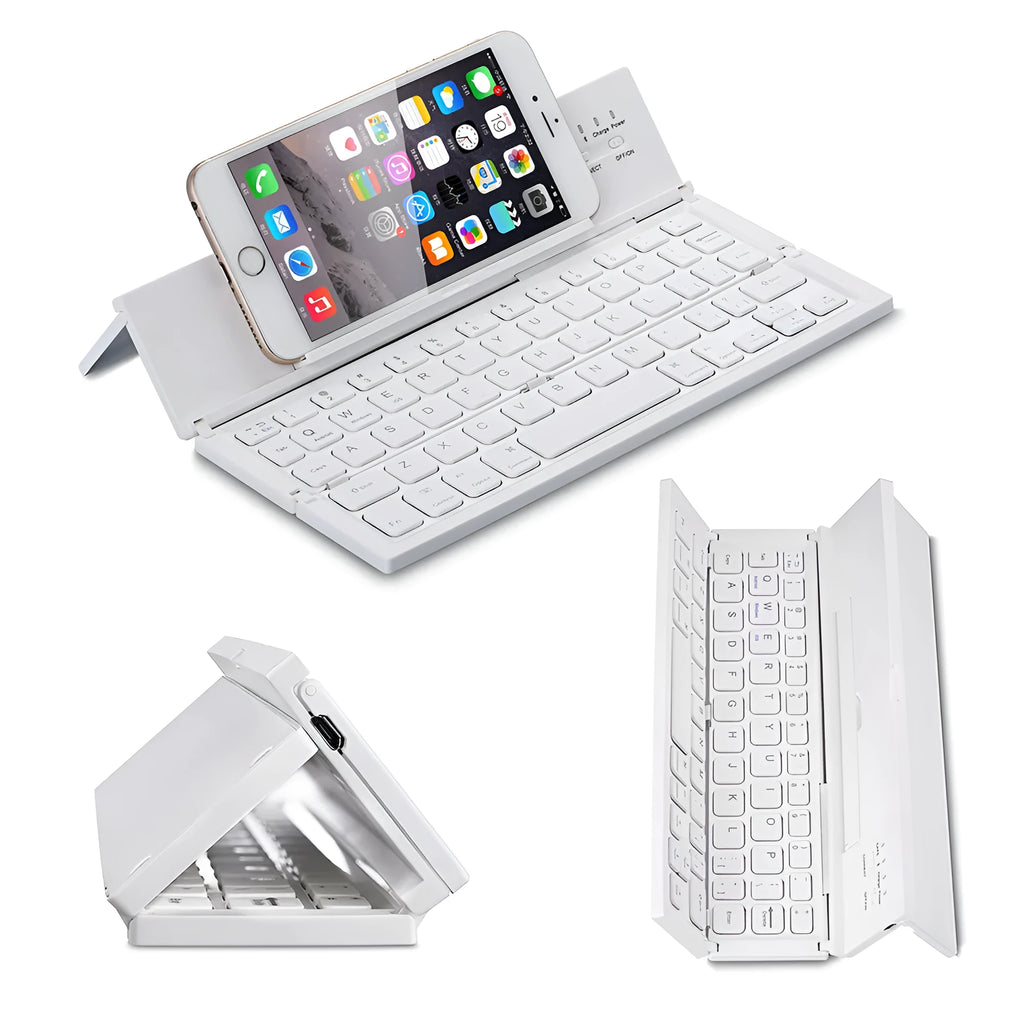 Black foldable Bluetooth keyboard shown alongside tablet demonstrating 8-inch compact size and portable design