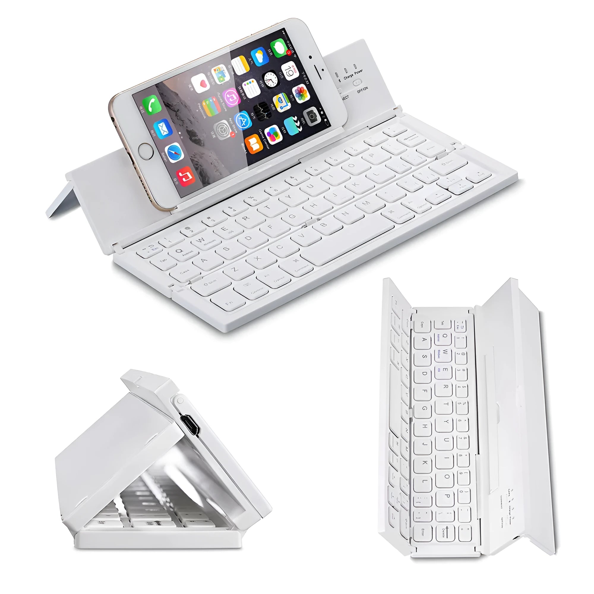 Black foldable Bluetooth keyboard shown alongside tablet demonstrating 8-inch compact size and portable design