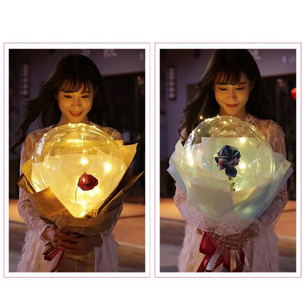 Transparent round LED luminous balloon rose bouquet with artificial flower and lights for DIY assembly