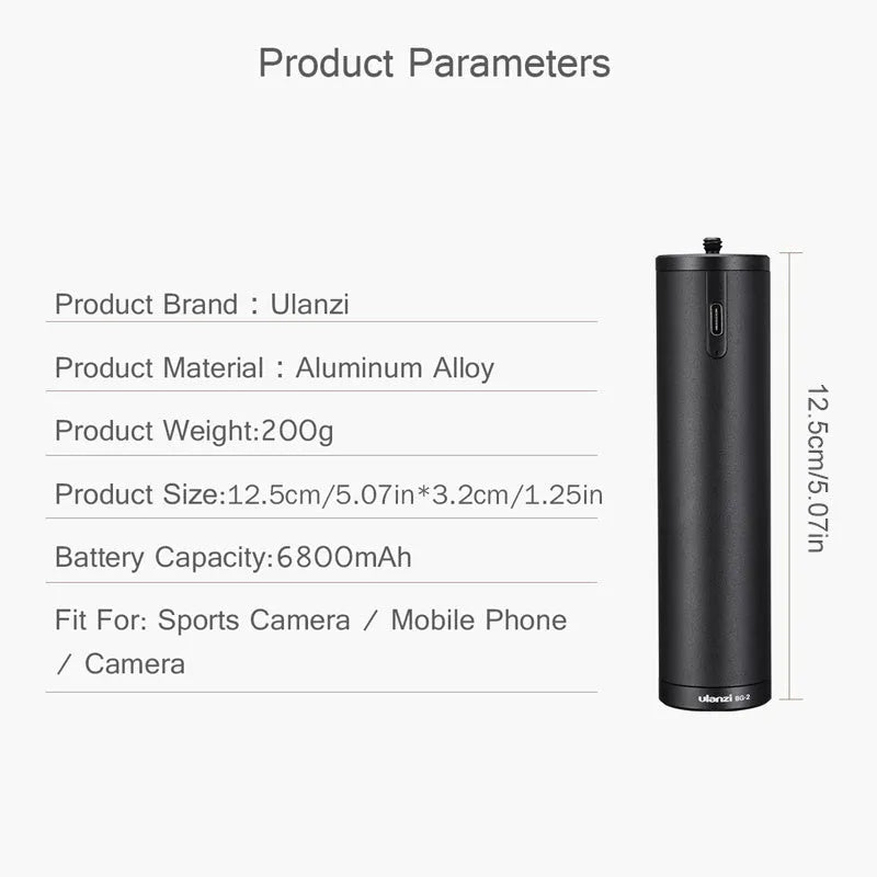 Black aluminium alloy portable power bank with built-in handle showing 6800mAh capacity