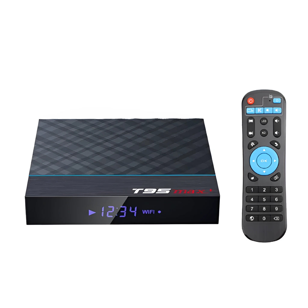 Black T95 Max Plus Android TV Box with remote control, showing choice of US, EU and UK power plugs.