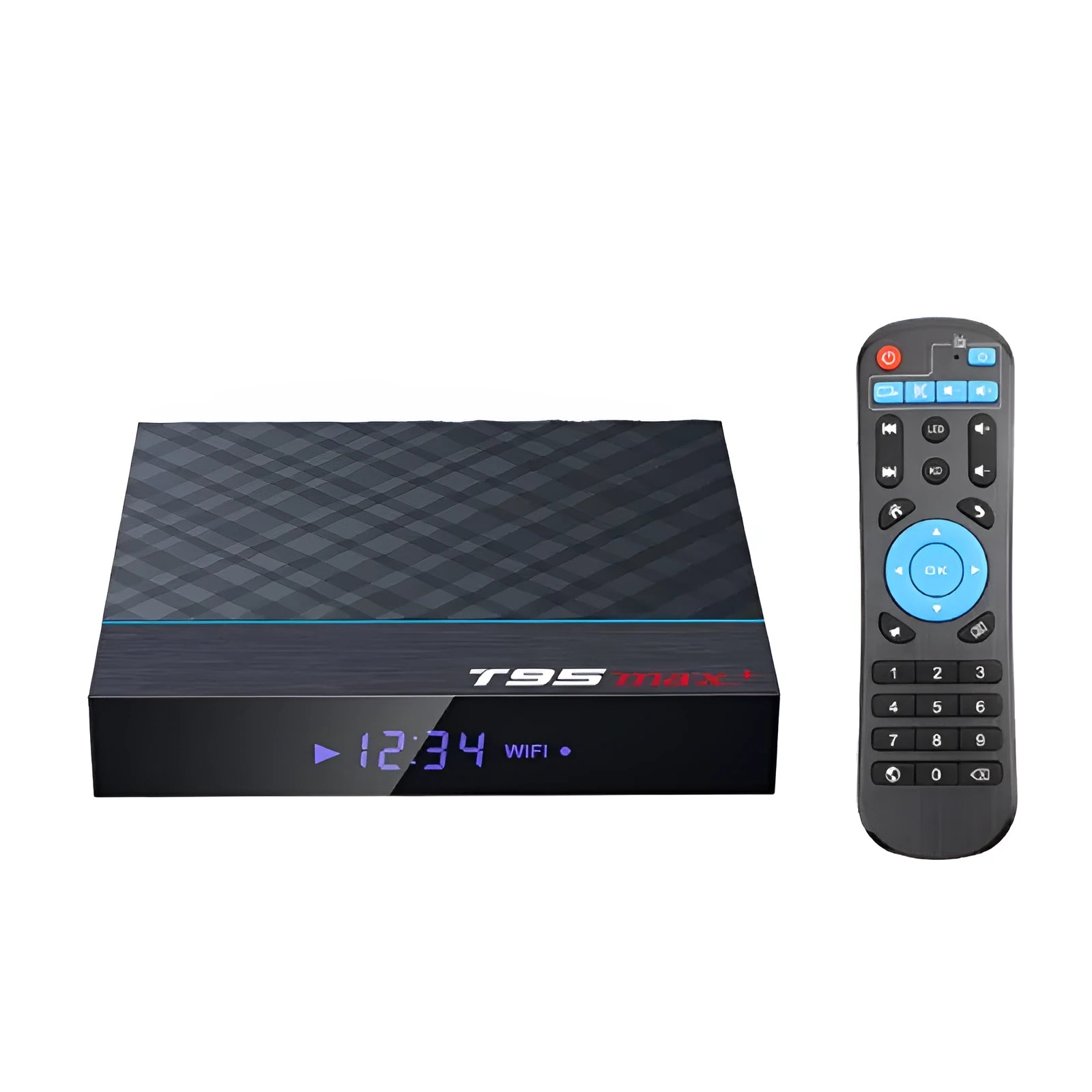 Black T95 Max Plus Android TV Box with remote control, showing choice of US, EU and UK power plugs.