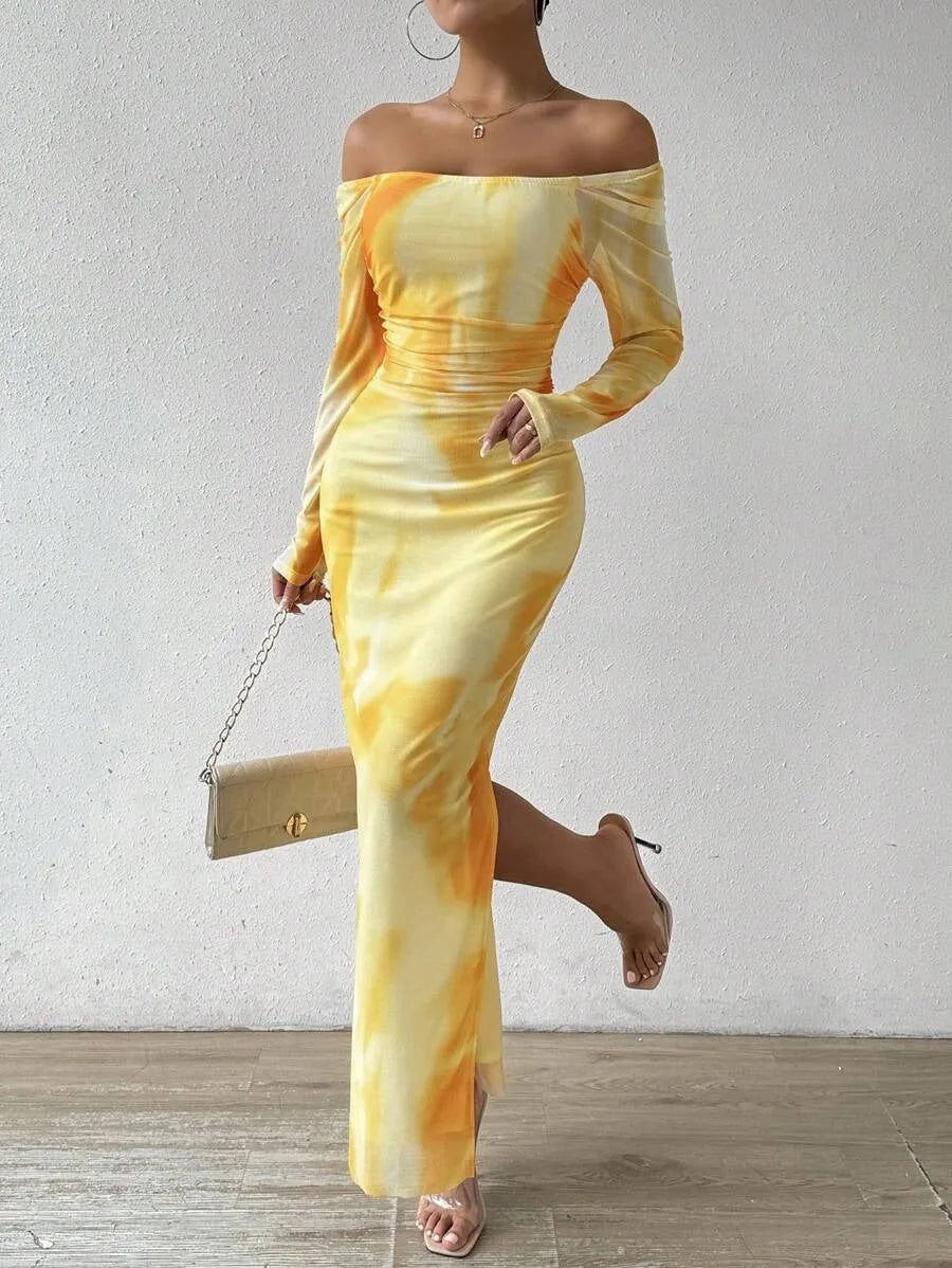 Women's pleated mesh fishtail dress with gradient colour print and a square collar.