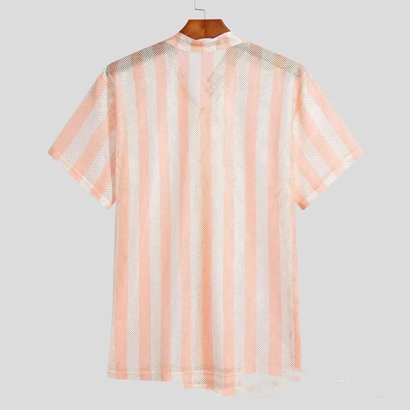 Pink men's waffle knit cardigan shirt with short sleeves and loose fit