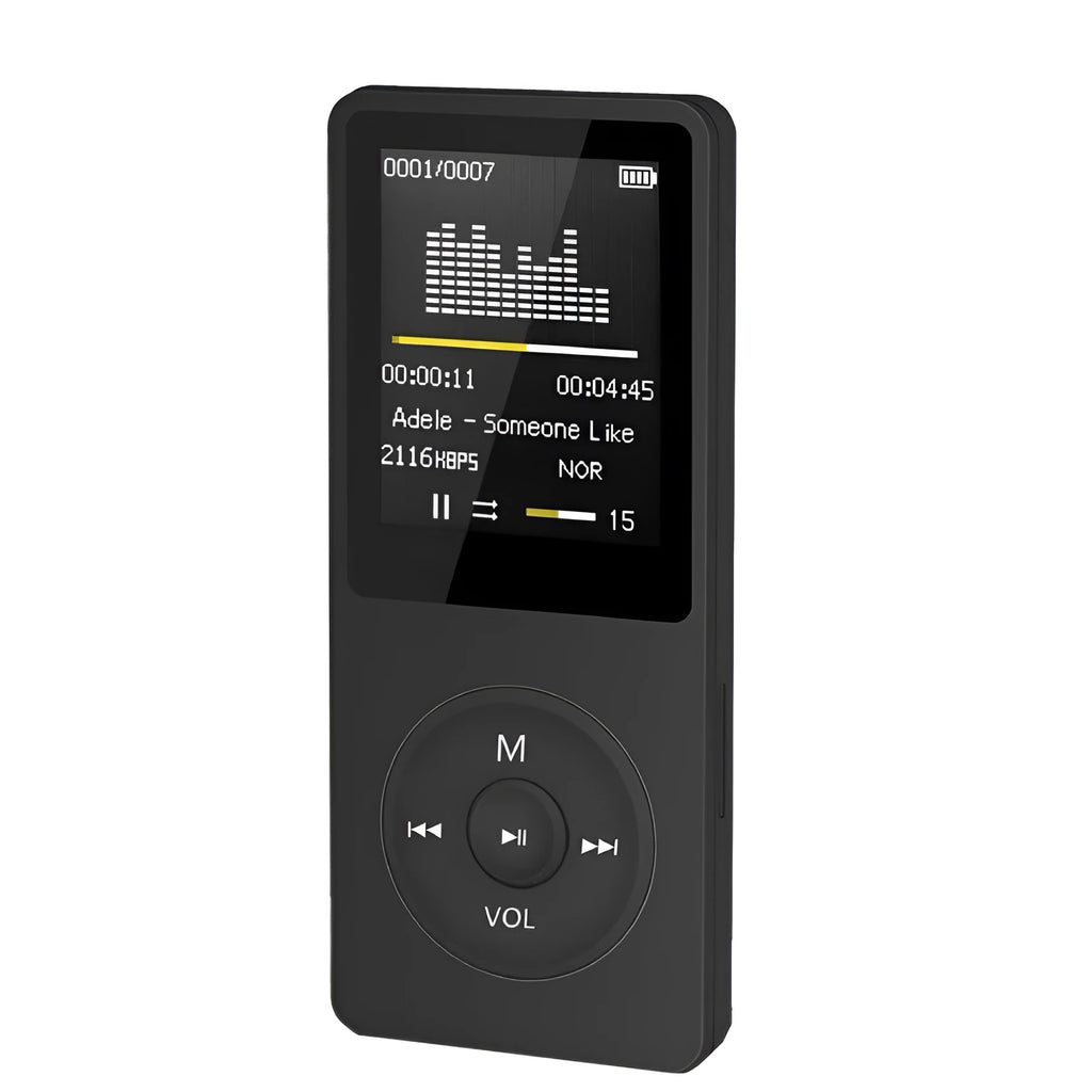 Portable black MP3 player with 1.8-inch TFT display, showing on-screen menu