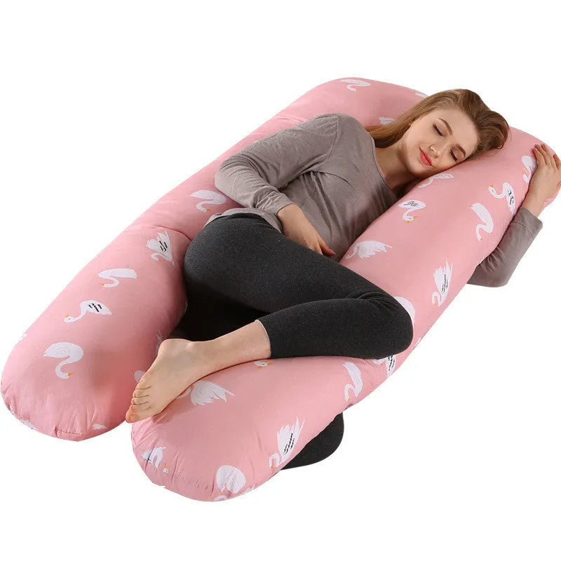 Large U-shaped pregnancy support pillow with removable cover in choice of fabrics.
