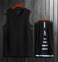 White and black polyester sports vest and matching pants set for basketball and fitness training.