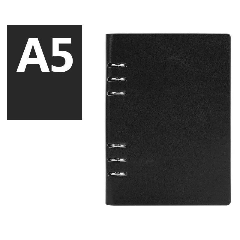 Imitation leather loose-leaf notebook in red, shown open, with A5, A6, and B5 size options.