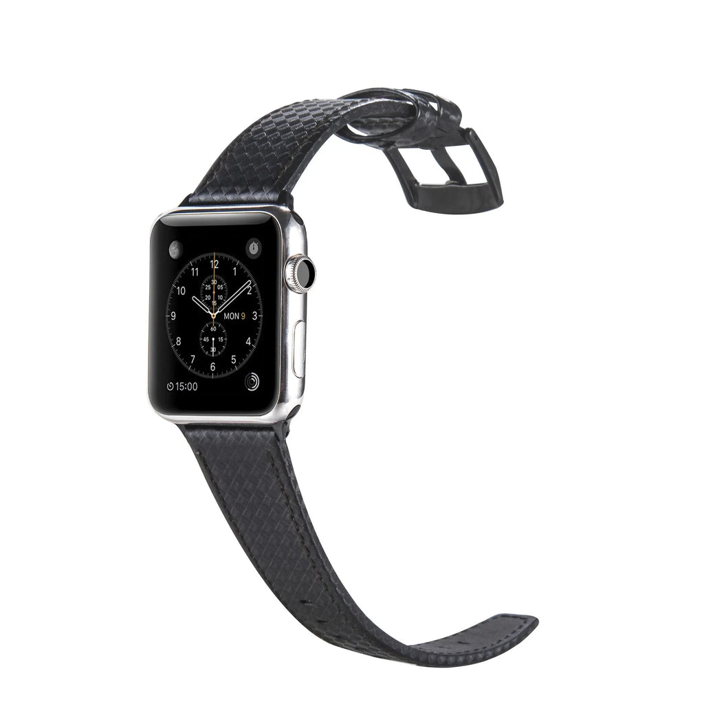 Carbon fibre pattern leather Apple Watch strap case in black, blue, orange, and red colour options.