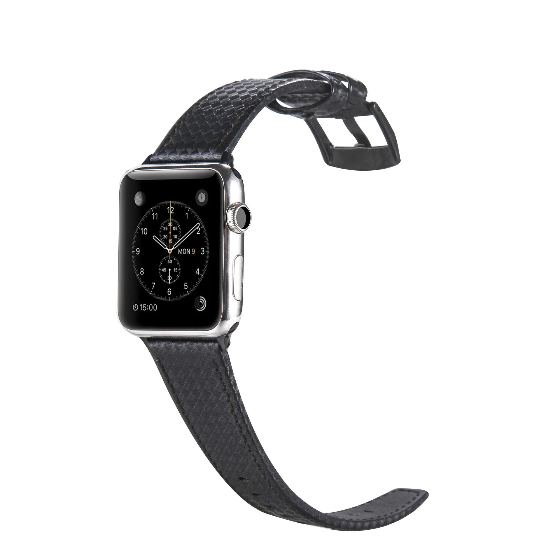 Carbon fibre pattern leather Apple Watch strap case in black, blue, orange, and red colour options.