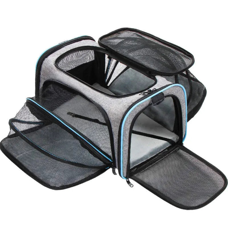 600D cation fabric cat carrier bag in grey blue edge colour with medium soft hardness construction