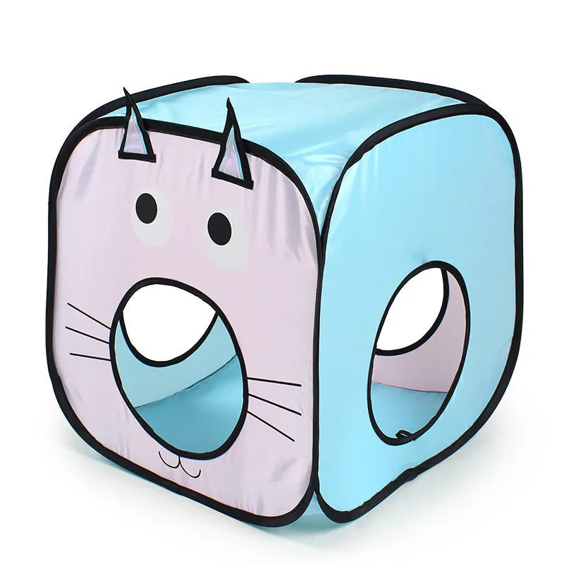 Foldable pet tent cat tunnel three-piece set with cat and fish motif design