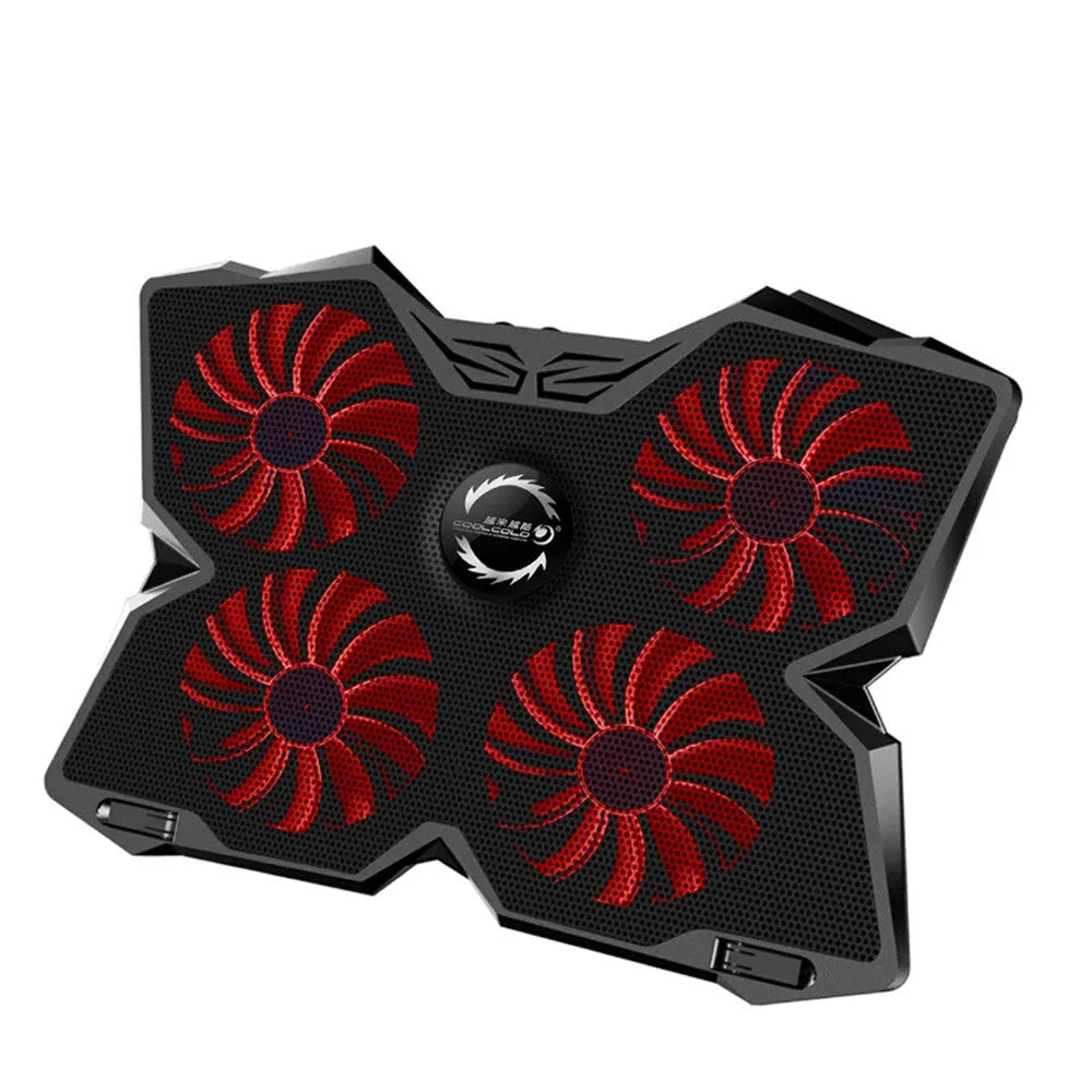 Blue computer cooling base with four LED fans and USB ports for desktop heat dissipation
