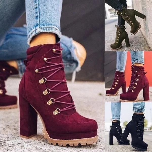 Women's suede high heel ankle boots with thick heels above 8cm and waterproof platform in four colour options