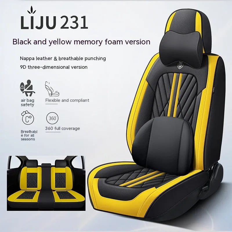 Five-piece leather car seat cushion set in various colour options with hemmed edge detailing